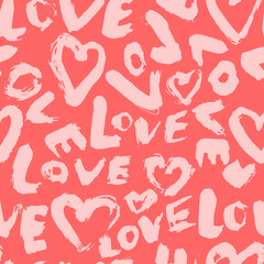 Dry Brush Grunge Pink Love Lettering and Hearts Seamless Romantic Pattern.