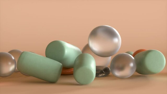 4K video animation. Different geometric shapes falling on an isolated background.