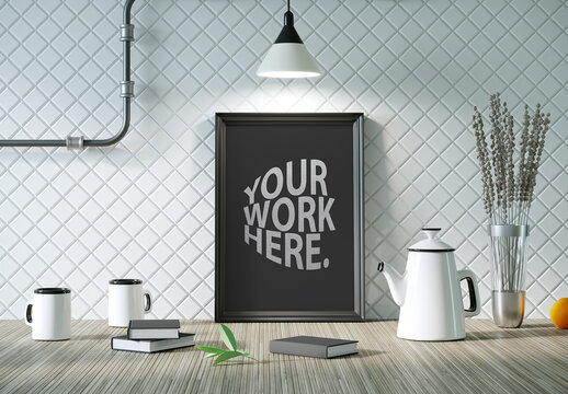 Vertical black frame poster Mockup standing on table in kitchen