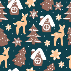 Winter pattern of gingerbread cookies. Christmas print