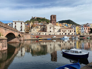 Old bridge overlooking the Temo river on the old town of Bosa in Sardinia, Italy