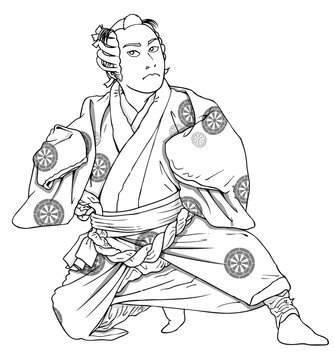 japanese actor kneeling, black and white clip art preview