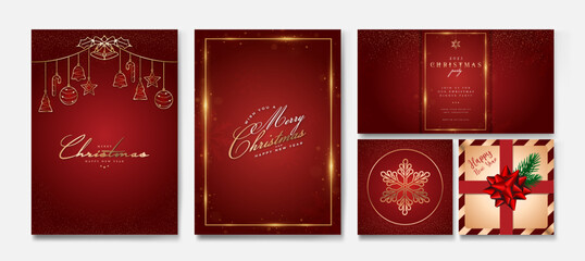 Merry Christmas and Happy New Year banner and greeting card set. Trendy Xmas design with typography and overlay elements, sparkling, snowflakes, christmas tree, snowflake, gifts in red background. 
