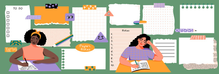 Paper notes with washi tapes.  Women are writing. Set with blank Paper sticky notes for to do list, reminders, scheduler. Pencils, funny forms. Vector illustration. 