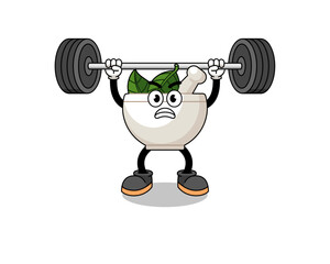 Fototapeta na wymiar herbal bowl mascot cartoon lifting a barbell