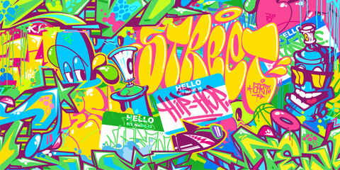 Trendy Colorful Abstract Urban Graffiti Style Sticker Bombing With Some Street Art Lettering Vector Illustration Background