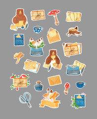 Mail Post - Postage set of mailing, sending letters, email, post office, envelopes, stamp, ink, feather, pencil, writing, scissors, cup, post box and seamless patterns, banner, frame, sticker