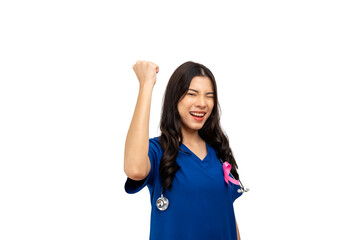 Doctor nurse woman in blue uniform stuck pink ribbon symbolizing World Cancer Day on the chest, raise her hands to fight Breast Cancer. Isolated white background.
