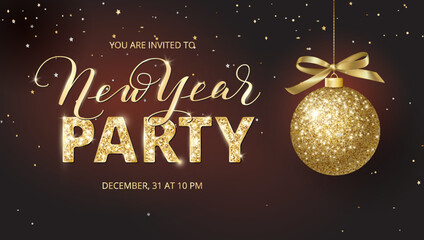 New year party banner. Sparkling golden glitter Party word. New Year calligraphy. Shiny gold glitter Christmas ball hanging on string