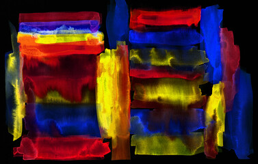 Glowing watercolor colorful stripes blend on a black background. Abstract watercolor background.