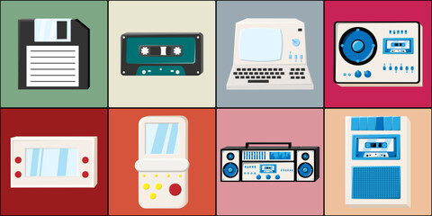 Set of icons old retro vintage hipster tech electronics: cassette audio tape recorder, computer, game consoles for video games from the 70s, 80s, 90s. Vector illustration