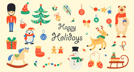 Set of New Year and Christmas characters and elements. Ideal for designs and stickers. illustration on a beige background.