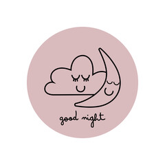 Good night sleepy cloud and moon pink sticker. Kids design