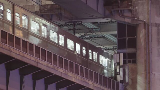 Night view taken at night, Seoul's subway passing through a bridge over the Han River