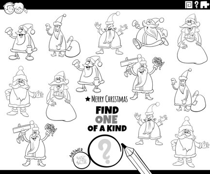 one of a kind game with Santa Clauses coloring page
