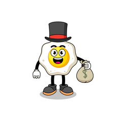 fried egg mascot illustration rich man holding a money sack
