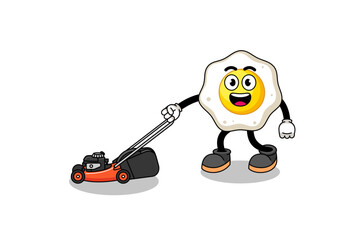 fried egg illustration cartoon holding lawn mower