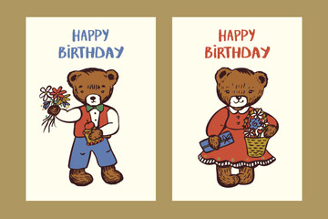 Birthday celebration vector postcard illustrations set.