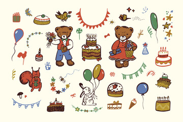 Birthday celebration vector illustrations set.