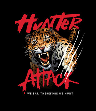 hunter attack calligraphy slogan with angry leopard clawing on black background vector illustration