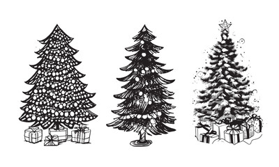Fototapeta premium Christmas tree set, Hand drawn illustrations. 