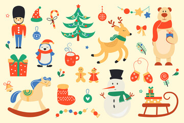 Set of Christmas elements and cute animals. Festive illustration.