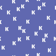 Vector seamless texture with white geometric pattern of letters on a blue isolated background. Vector texture with white lettering ornament. White letters, v,p,r,n,t,l,d, on a blue isolated background