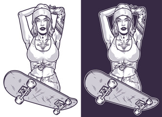 Tattooed girl skateboarder element monochrome