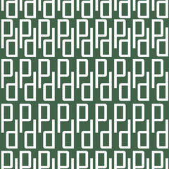 Vector seamless texture with white geometric ornament of letters on a green isolated background. Vector texture with white lettering ornament. White letters, v,p,r,n,t,l,d, on a green isolated backgro