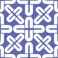 Obraz premium Vector seamless texture with white geometric pattern of letters on a blue isolated background. Vector texture with white lettering ornament. White letters, v,p,r,n,t,l,d, on a blue isolated background