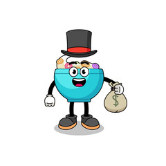cereal bowl mascot illustration rich man holding a money sack