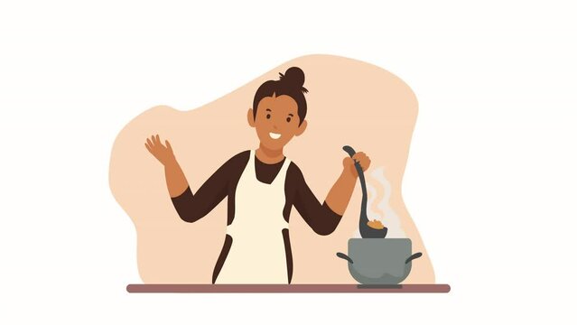 woman cooking soup character animation