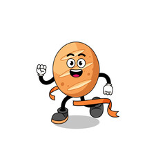Mascot cartoon of french bread running on finish line