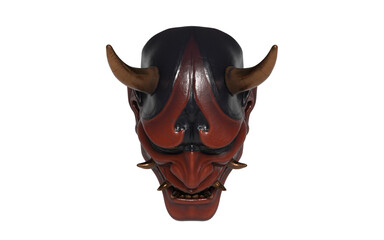 japanese red demon mask with golden horns on white background