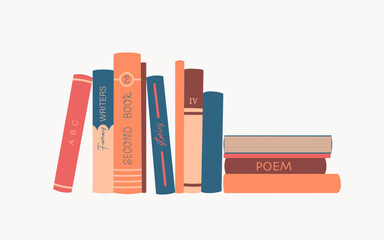 Book spines. Bookshelf with various books. Vector isolated illustration on white background.