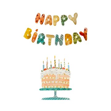 Cake candle happy birthday title watercolor sketch