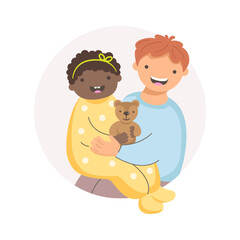 Happy kids, white brother and dark-skinned sister, family