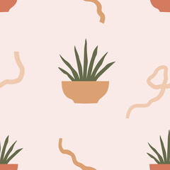 Beige Mid Century modern seamless pattern with pots, plants and abstract lines. Neutral background in a flat aesthetic style