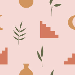 Beige Mid Century modern seamless pattern with vase, staircase, moon  and plants. Abstract background in a flat aesthetic style