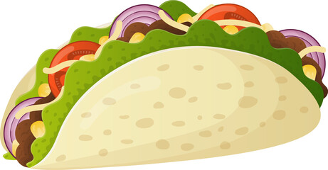 Mexican dish taco corn tortilla with minced meat and vegetables