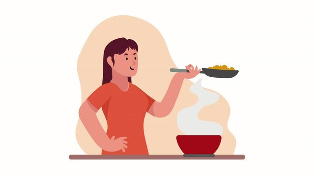 woman cooking with pan character animation