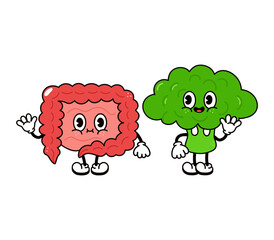 Cute, funny happy intestines and broccoli character. Vector hand drawn cartoon kawaii characters, illustration icon. Funny cartoon intestines and broccoli friends concept