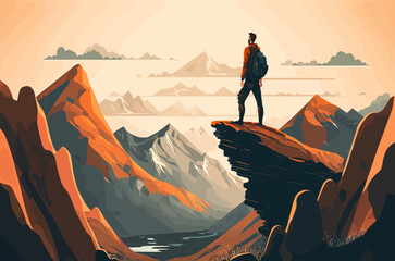 Vector illustration of a hiker standing on the edge of a cliff and gazing at the landscape