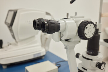 Slit lamp. Biomicroscope. Binoculars. Ophthalmic equipment.. Close up, selective focus. Health care...