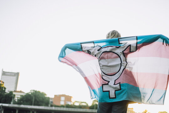 Rear view of non-binary person standing with LGBTQIA flag against clear sky