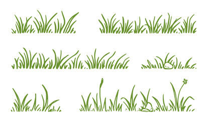 Grass doodle sketch style set. Hand drawn green grass field outline scribble background. Sprout, flower, clover elements. Vector illustration.