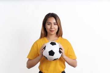 Happy Asian pretty woman soccer fans sport fans yellow t-shirt isolated on white background.