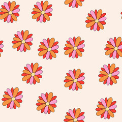 Groovy seamless pattern of daisy flower. Hippie retro background. 70s style wallpaper with flowers