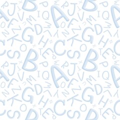 seamless pattern with watercolor blue A to Z alphabet on white background. illustration wallpaper or printing for kindergarten school.