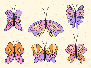  Butterflies groovy 70s set. Retro hippy set. Vector doodle retro insects illustrations